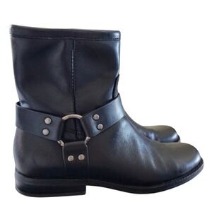 HOUSE of Harlow Black Leather Ankle Boots Moto Biker‎ Harness Buckle Accents 11